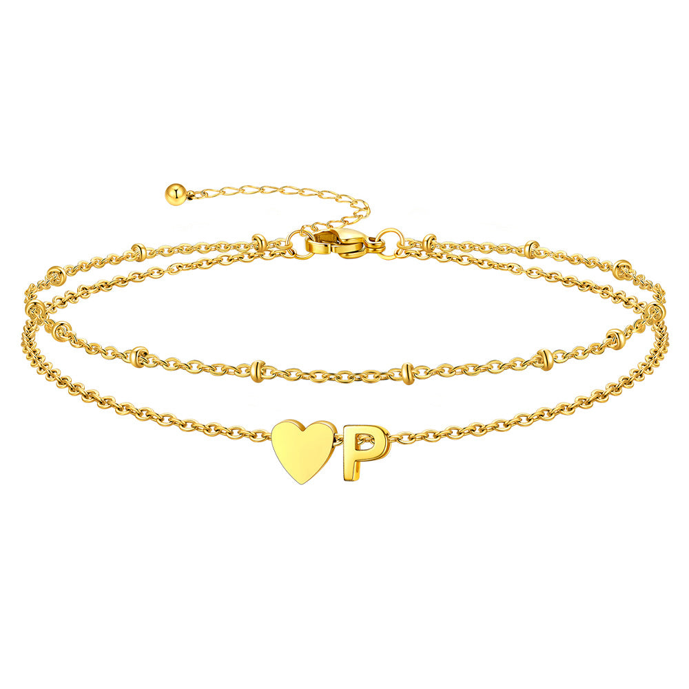 Gold Letter P Initial Anklet - Layered Summer Beach Jewelry