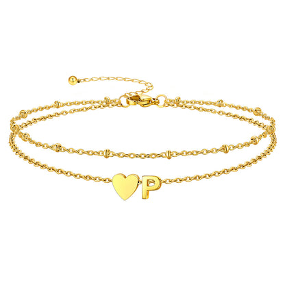 Gold Letter P Initial Anklet - Layered Summer Beach Jewelry