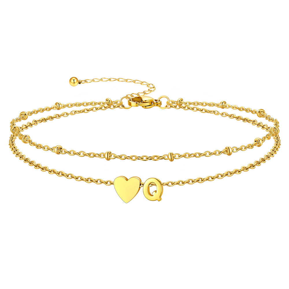 Gold Letter Q Initial Anklet - Layered Summer Beach Jewelry