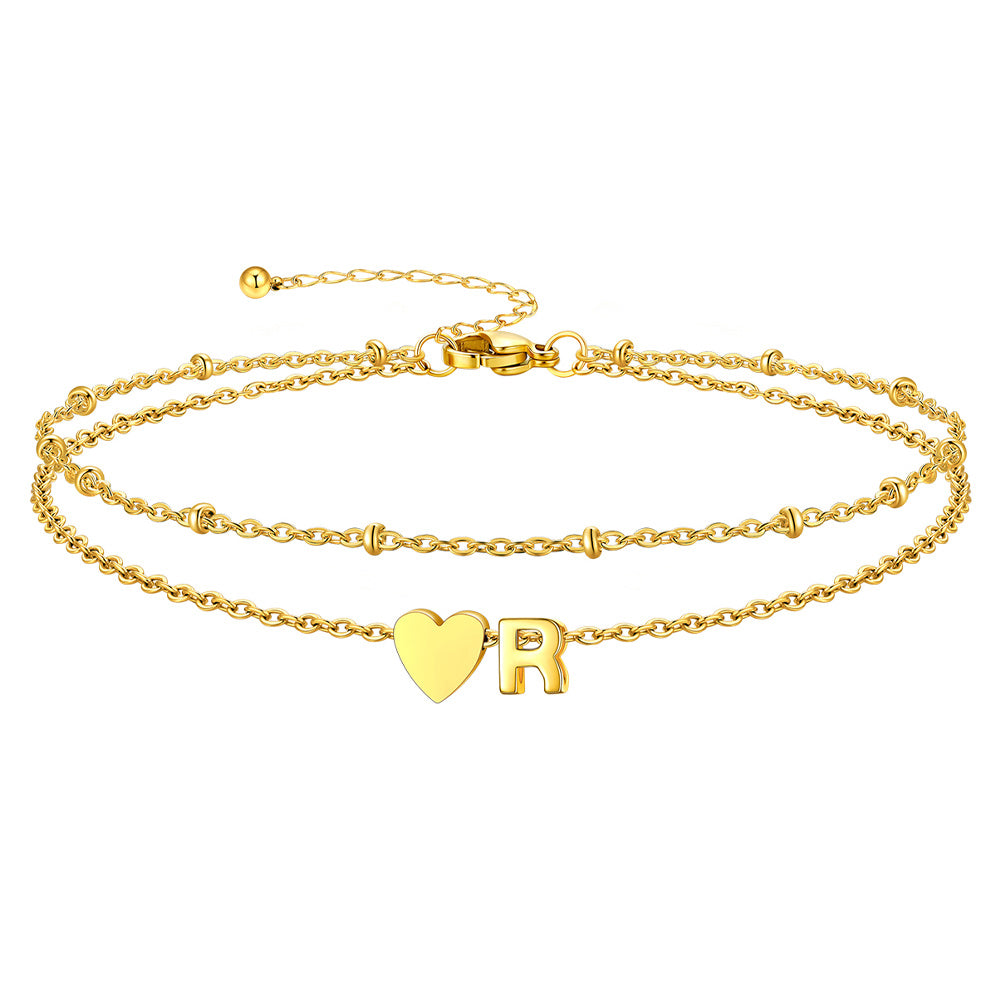 Gold Letter R Initial Anklet - Layered Summer Beach Jewelry