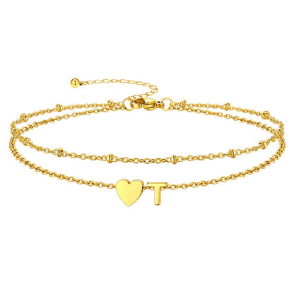 Gold Letter T Initial Anklet - Layered Summer Beach Jewelry