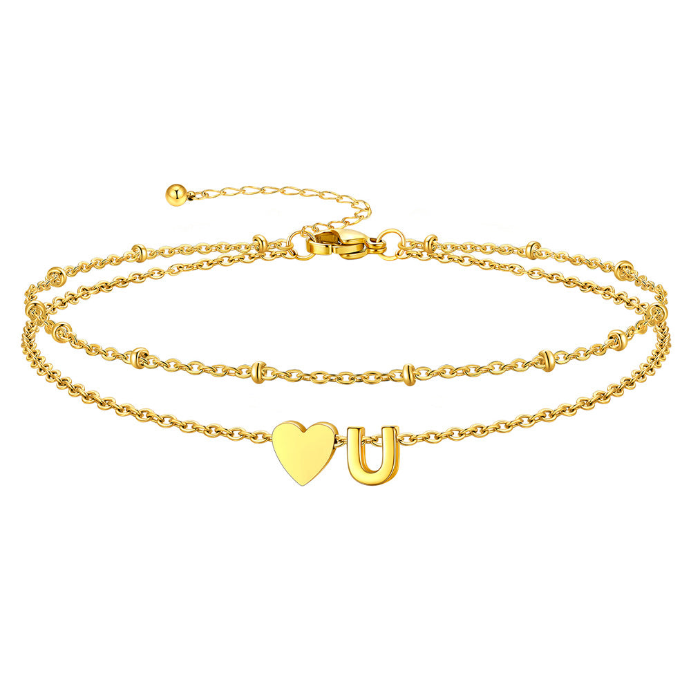 Gold Letter U Initial Anklet - Layered Summer Beach Jewelry