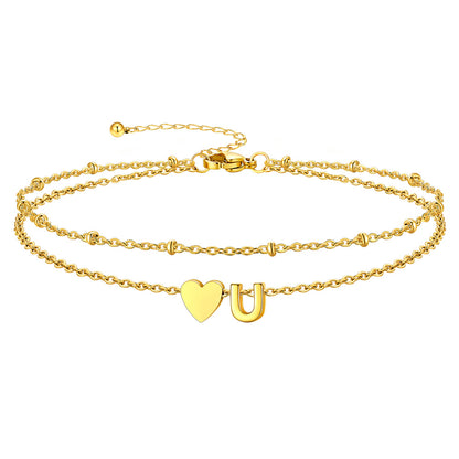 Gold Letter U Initial Anklet - Layered Summer Beach Jewelry