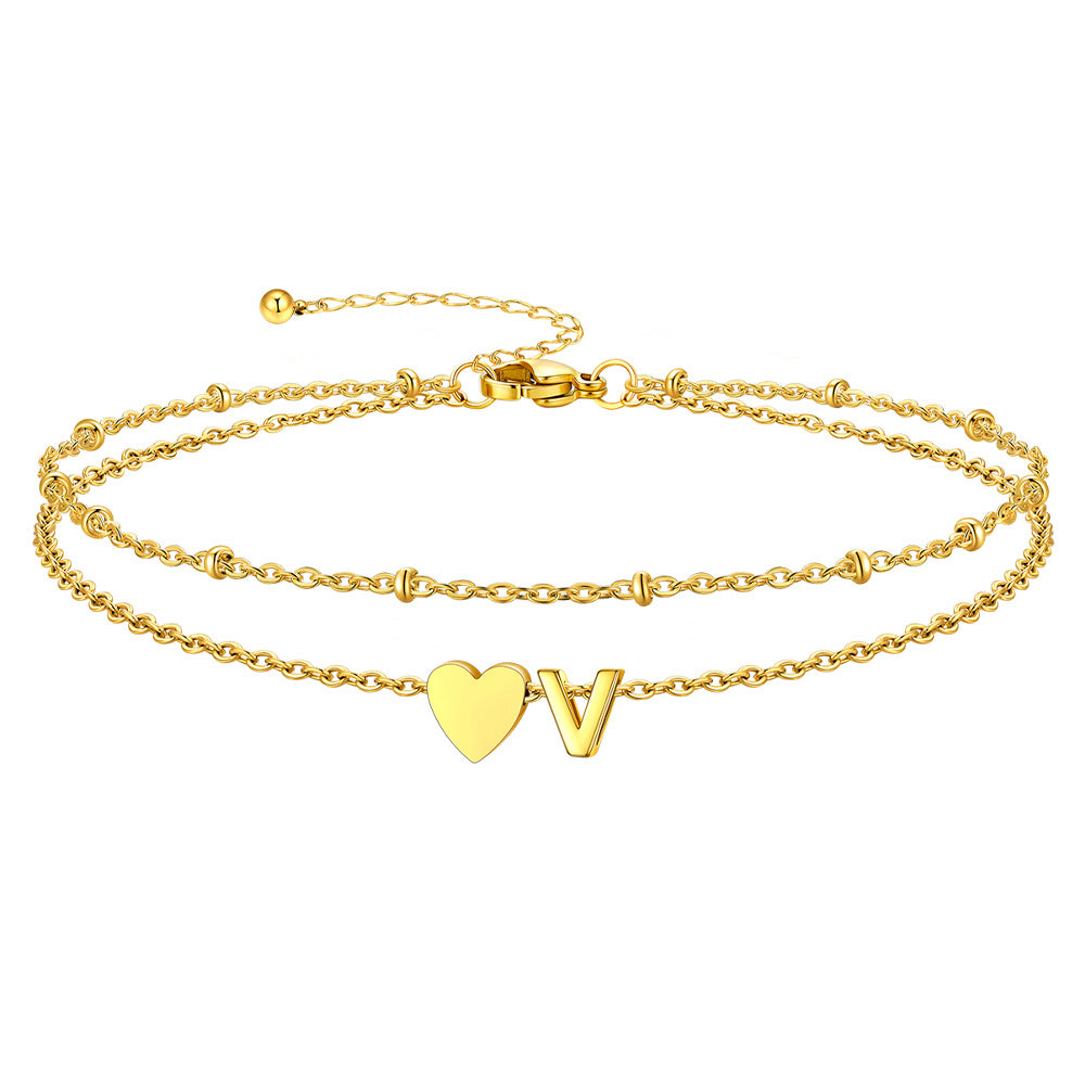 Gold Letter V Initial Anklet - Layered Summer Beach Jewelry