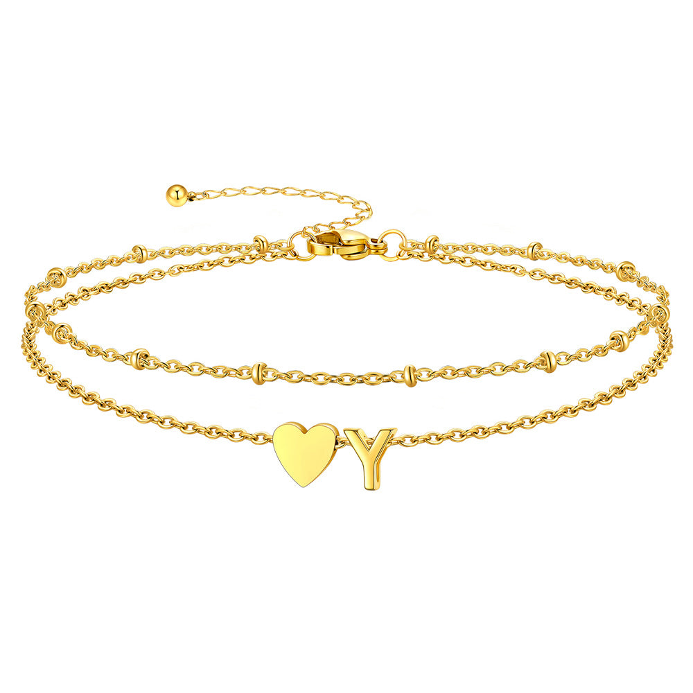 Gold Letter Y Initial Anklet - Layered Summer Beach Jewelry