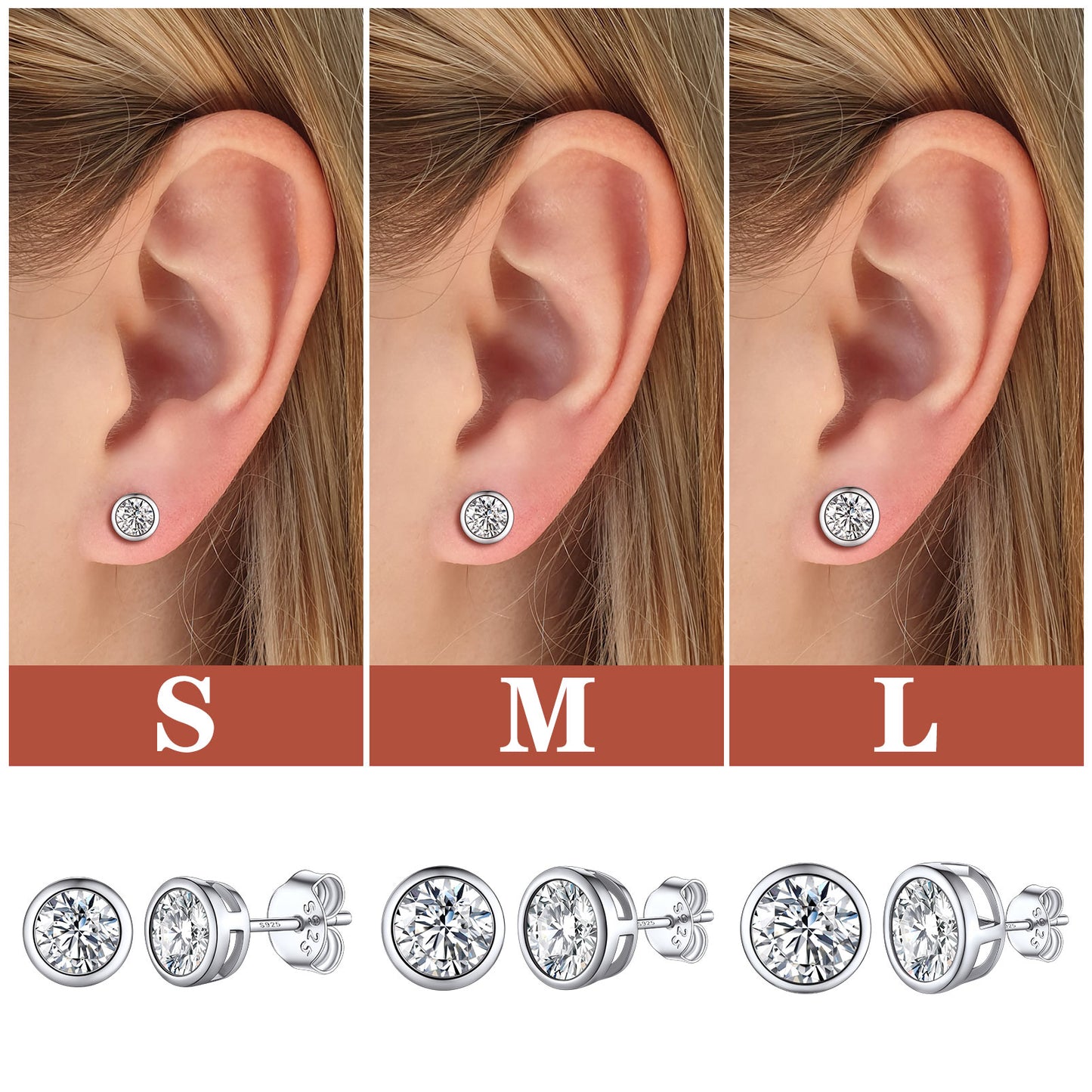 Cubic zirconia stud earrings in three sizes (S, M, L) for women and men.