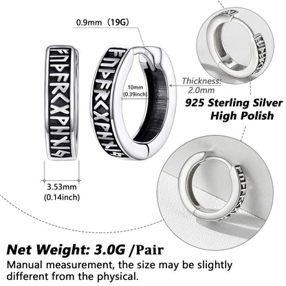 Silver hoop earrings with measurements and details on a white background