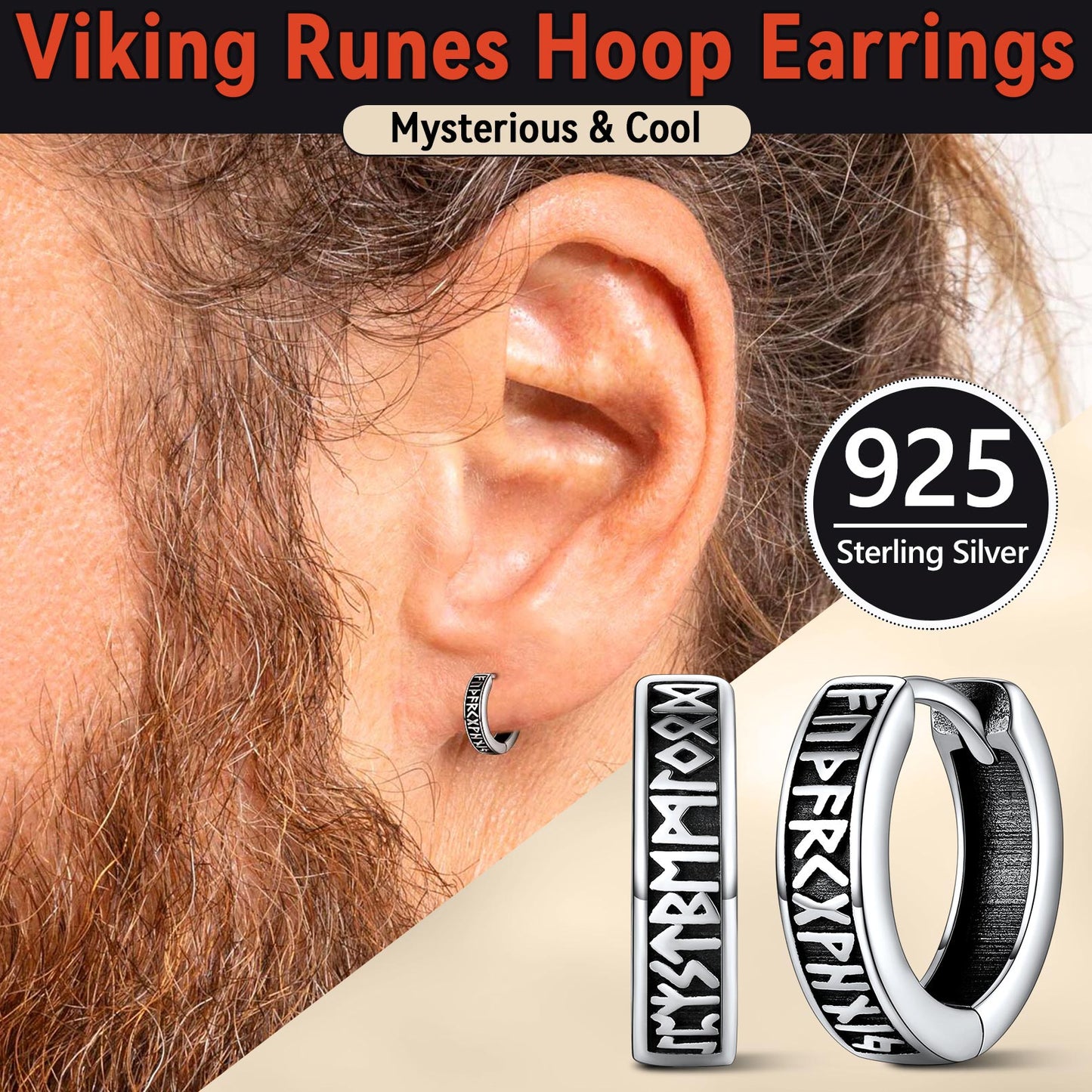 Viking Runes Hoop Earrings worn by a person with a beard, shown close-up on an ear.