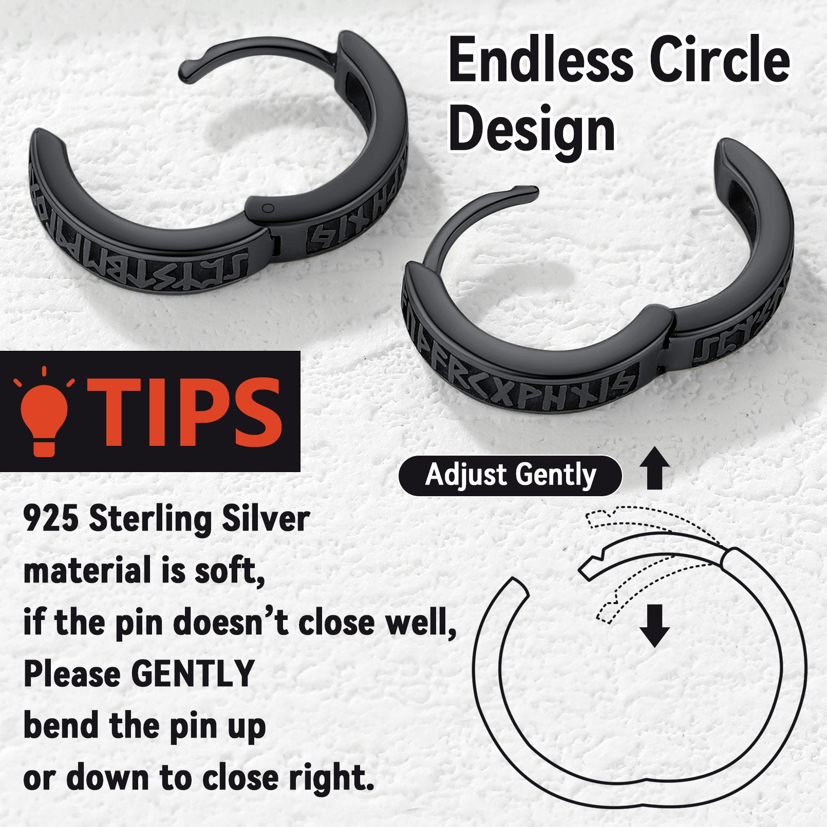 Black hoop earrings with 'STEREZ' branding on a white background, featuring text on care instructions.