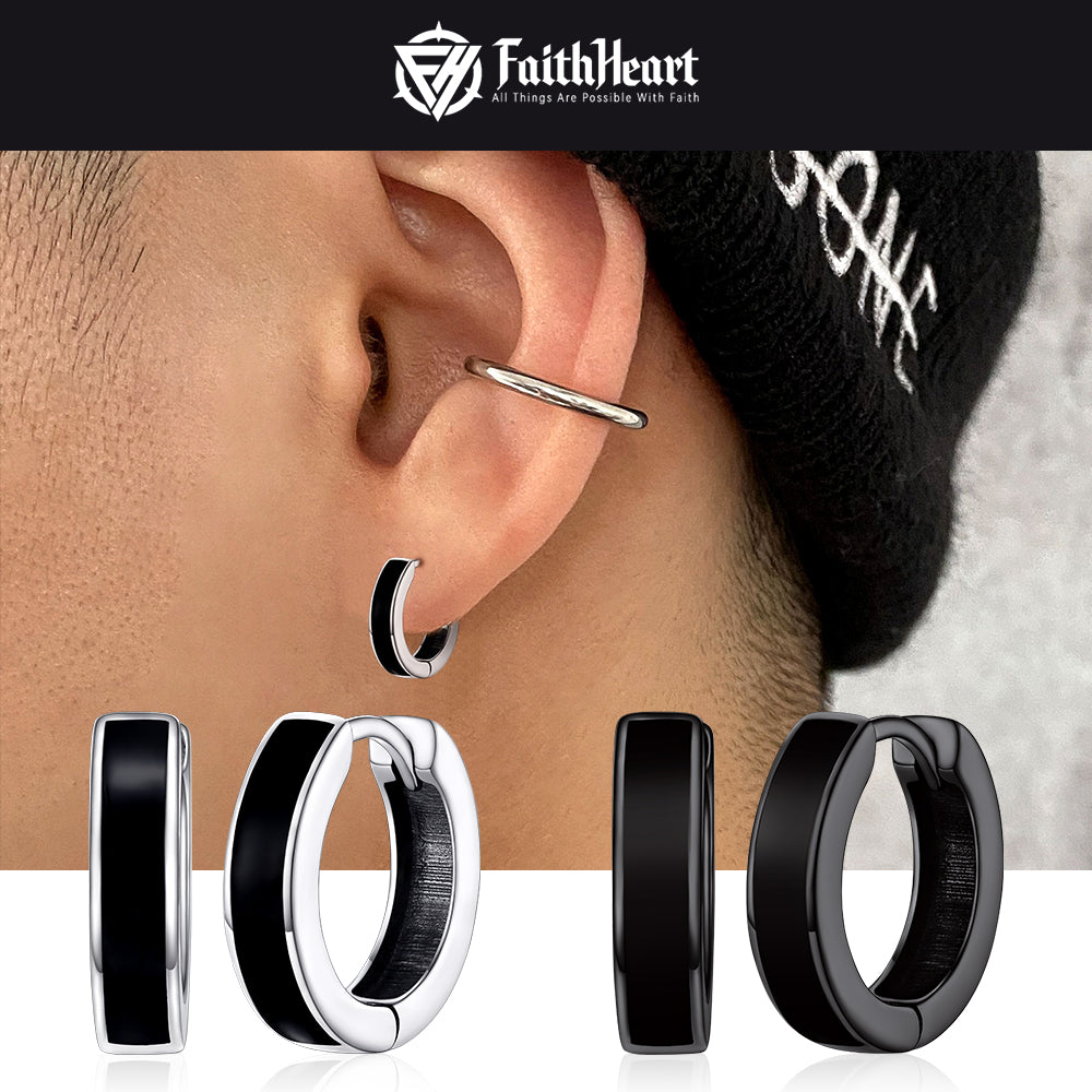 FaithHeart Sterling Silver Black Huggie Hoop Earrings For Men FaithHeart