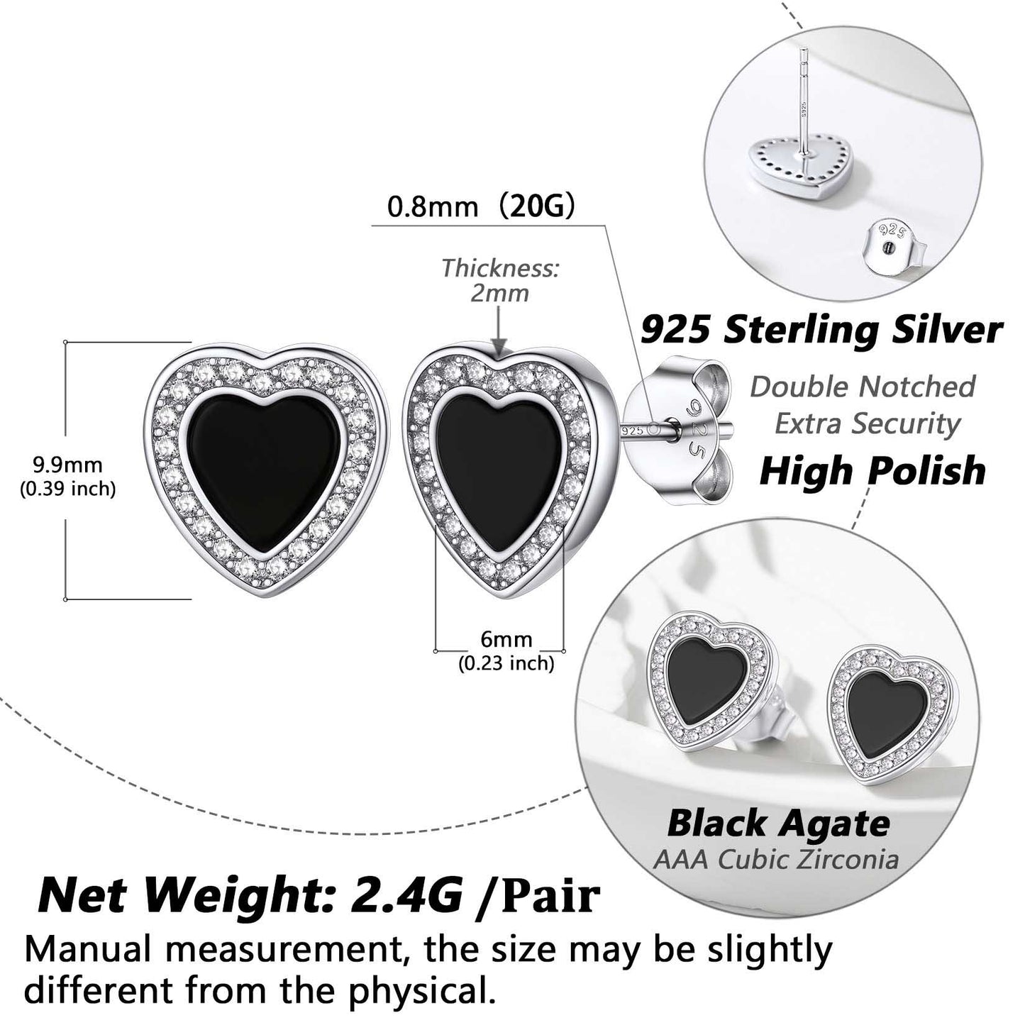 Flash Sale Sterling Silver Heart-shaped Black Onyx Stud Earrings for Men Women