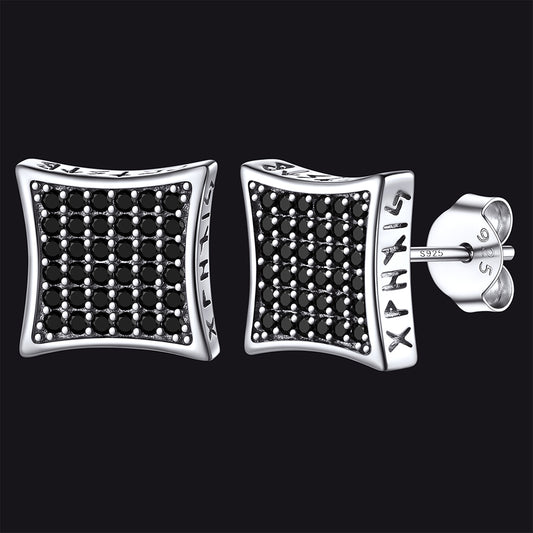 FaithHeart Sterling Silver Runes Black Onyx Square Stud Earrings FaithHeart