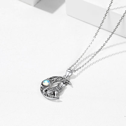 Viking Celtic Crescent Moon Wolf Necklace With Opal in Silver