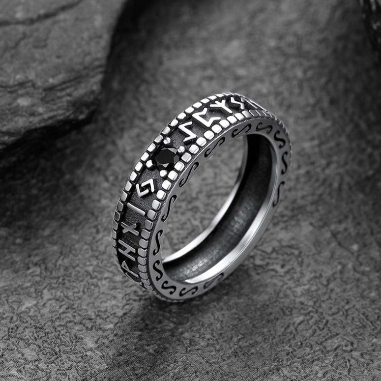 FaithHeart Black Onyx Norse Runes Symbol Sterling Silver Ring FaithHeart