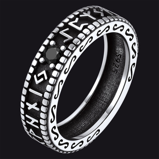 FaithHeart Black Onyx Norse Runes Symbol Sterling Silver Ring FaithHeart