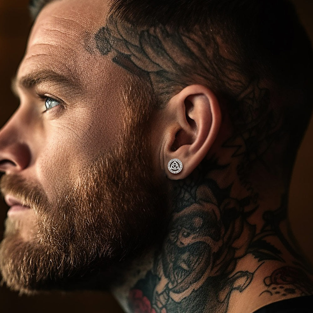 FaithHeart Viking Valknut Black Stud Earrings For Men With Runes