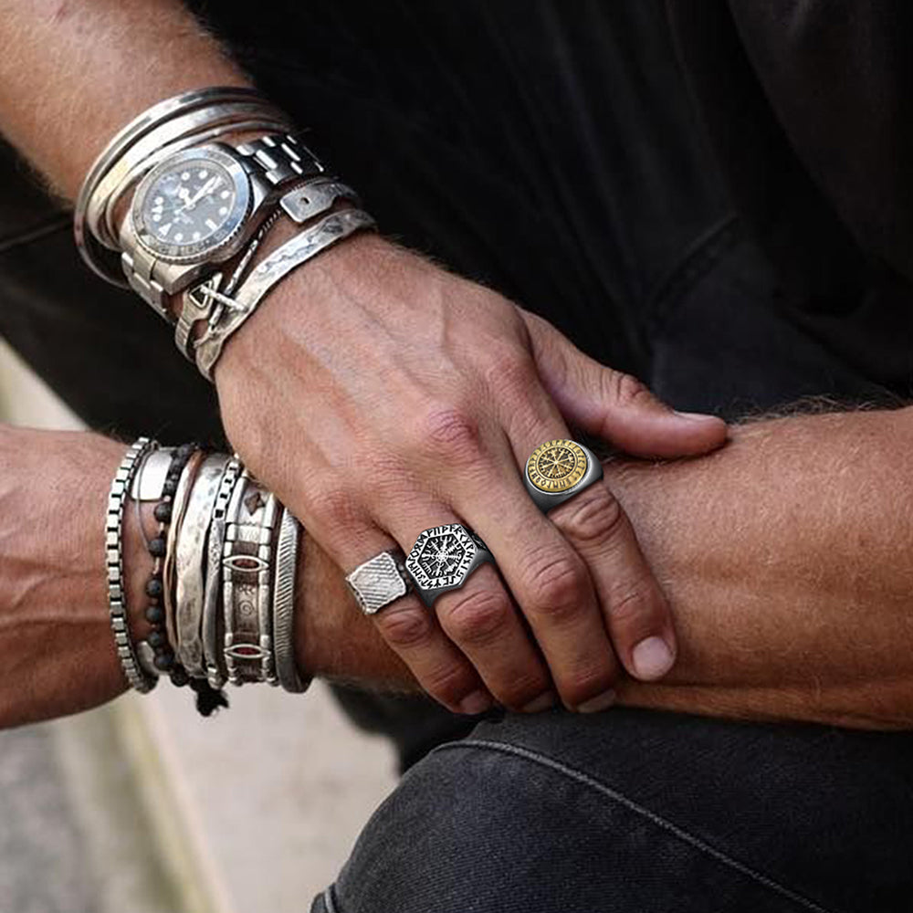 FaithHeart Viking Compass Vegvisir Ring with Runes For Men