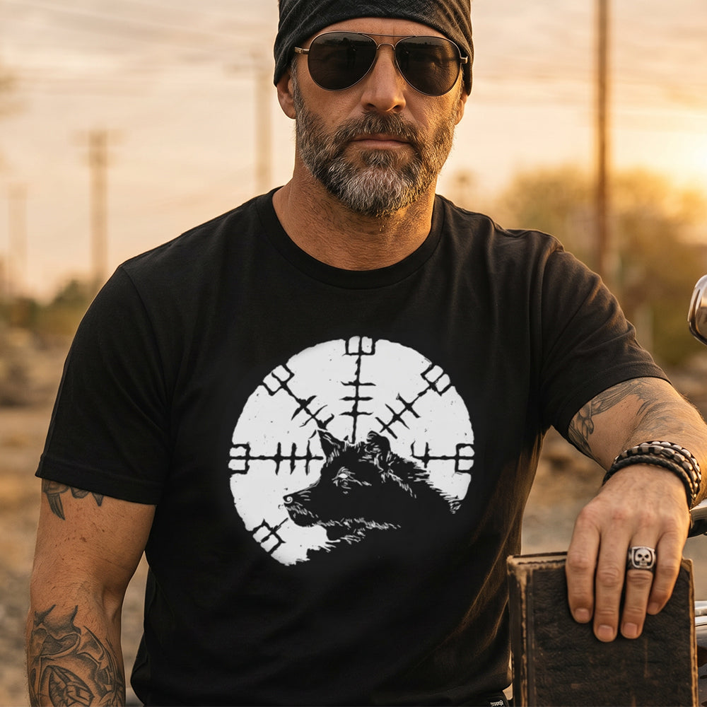 Vegvisir Viking Compass Wolf Graphic Heavyweight Cotton T-Shirt for Men Husband