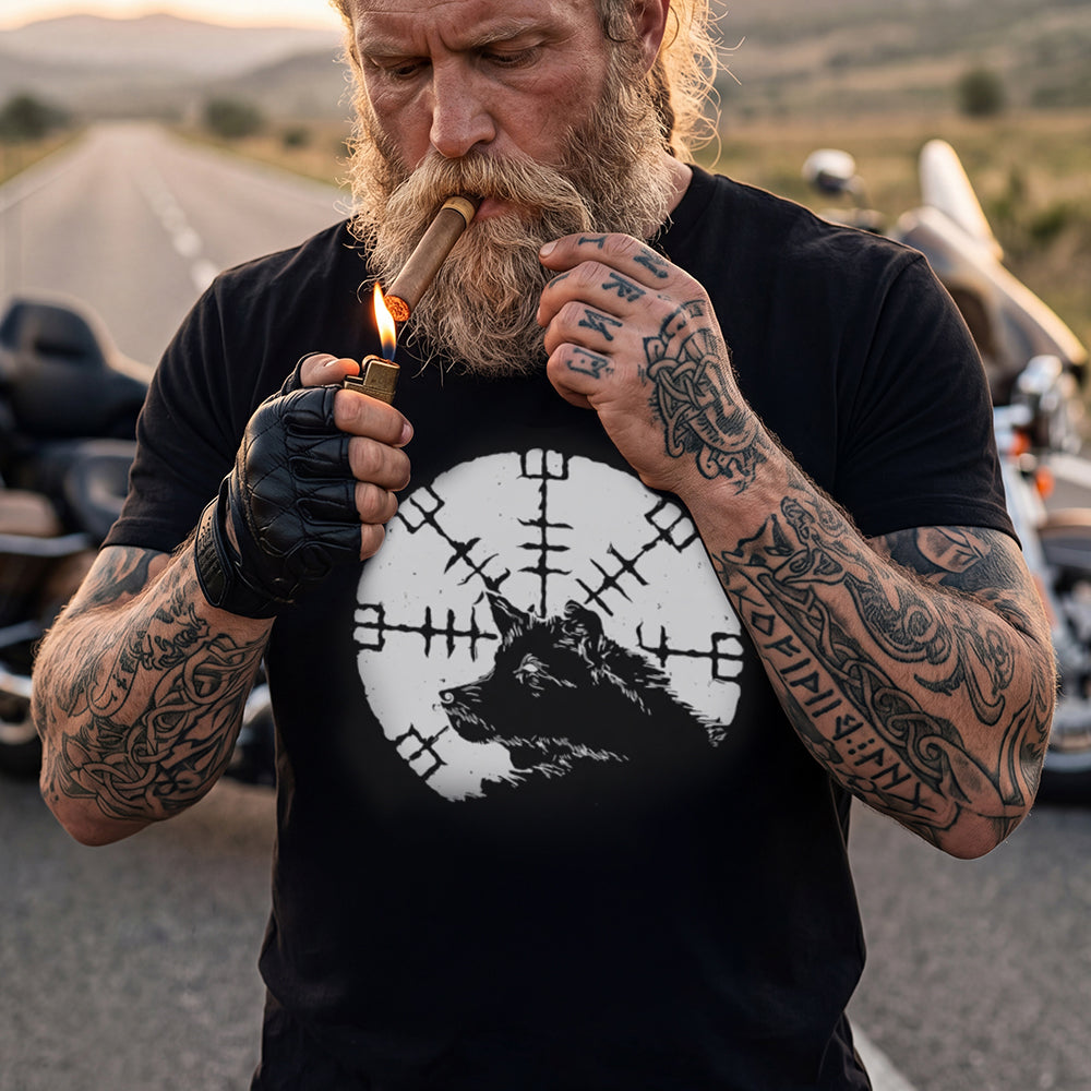 Vegvisir Viking Compass Wolf Graphic Heavyweight Cotton T-Shirt for Men father gift