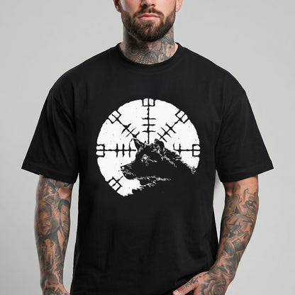 Vegvisir Viking Compass Wolf Graphic Heavyweight Cotton T-Shirt for Men