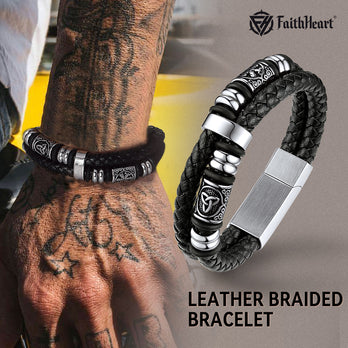 FaithHeart Viking Black Leather Braided Wristband Bracelet for Men FaithHeart