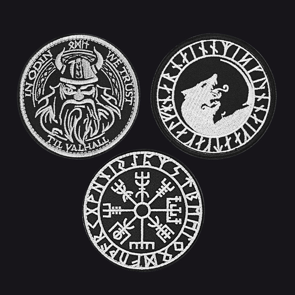 Norse Viking Compass Raven Badge Embroidered Applique Hook, 3 Pack