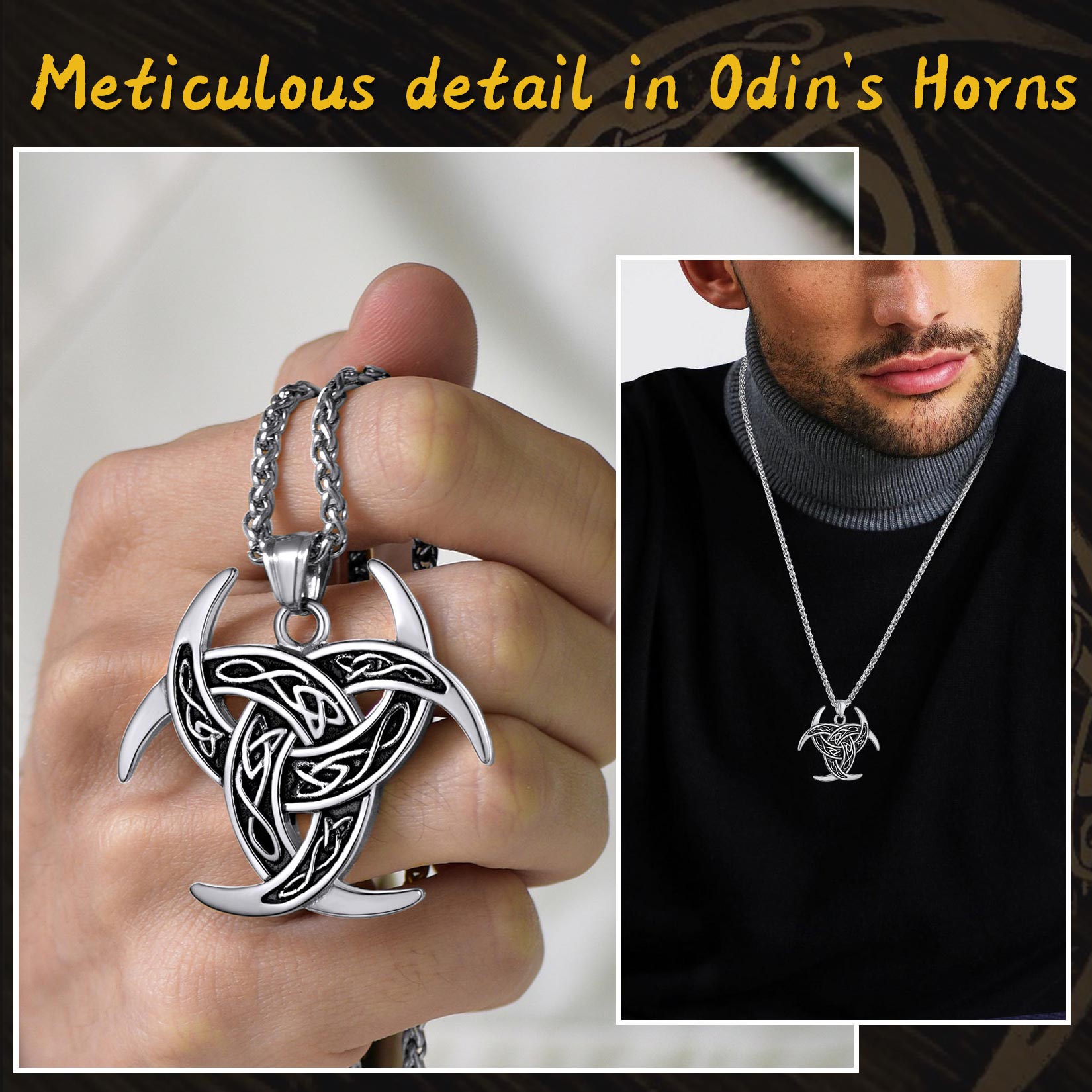 FaithHeart Viking Odin Triple Horn Necklace for Men FaithHeart