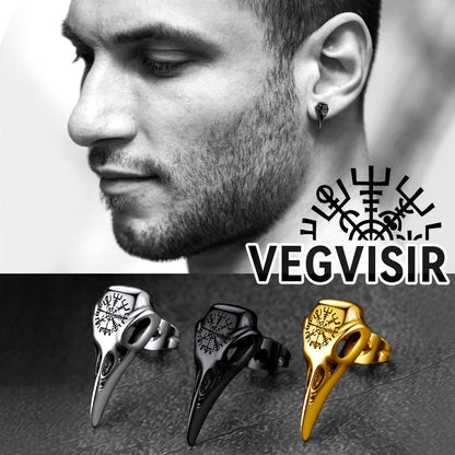FaithHeart Viking Raven Skull Stud Earrings With Compass For Men FaithHeart