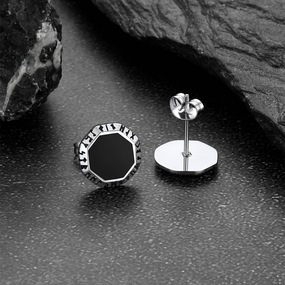 Stainless Steel Viking Rune Hexagon Stud Earrings for Men