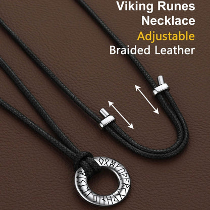 Norse Viking Rune Necklace with Adjustable Braided Leather Rope Chains for Men Women