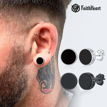 FaithHeart Sterling Silver Viking Runes Black Onyx Stud Earrings For Men FaithHeart