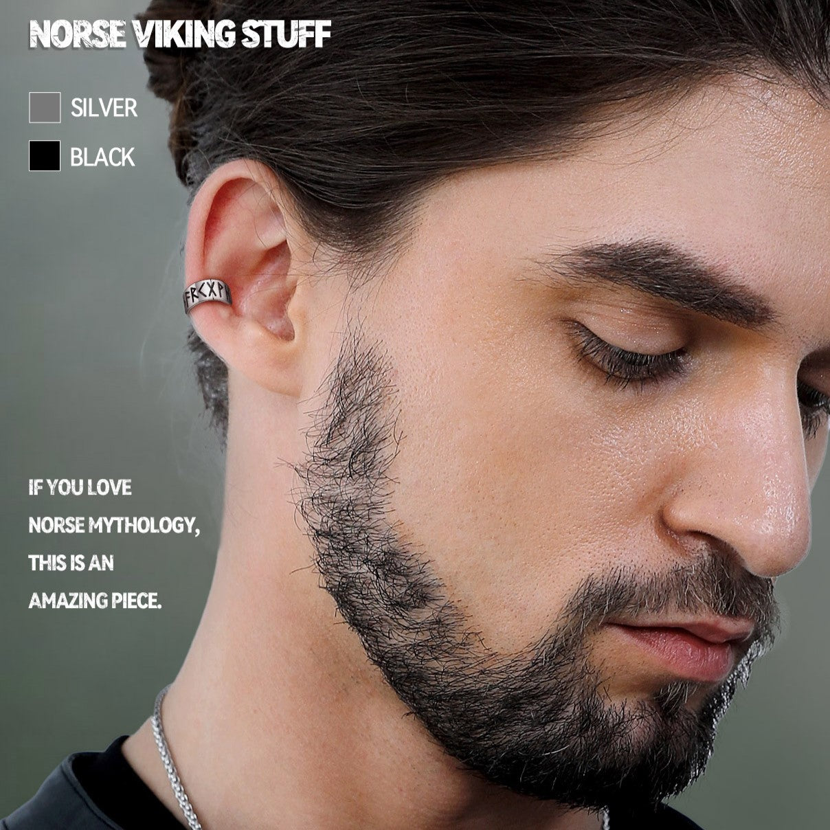 Norse Viking Runes Ear Cuff Earrings for Men in Sterling Silver