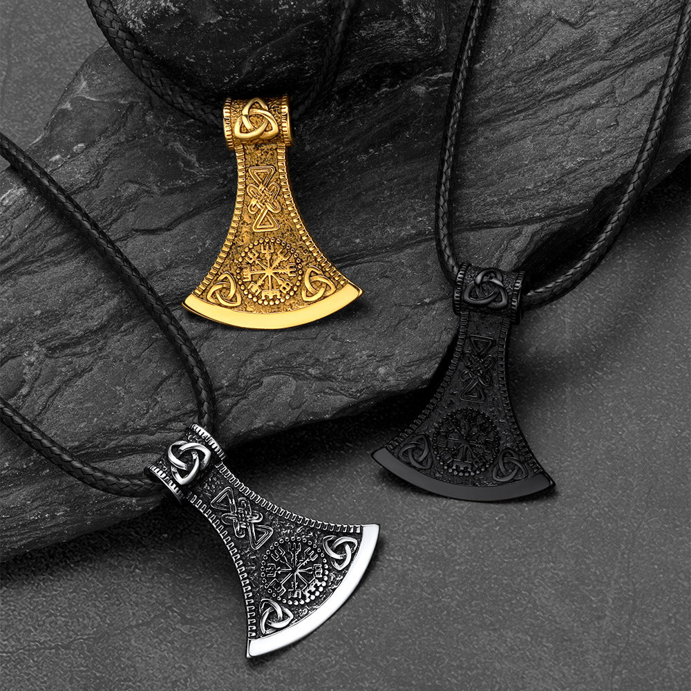 Viking Axe Compass Braided Leather Necklace for Men & Women