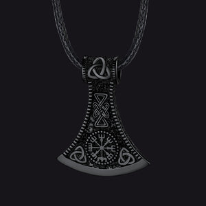Black Viking Axe Compass Braided Leather Necklace