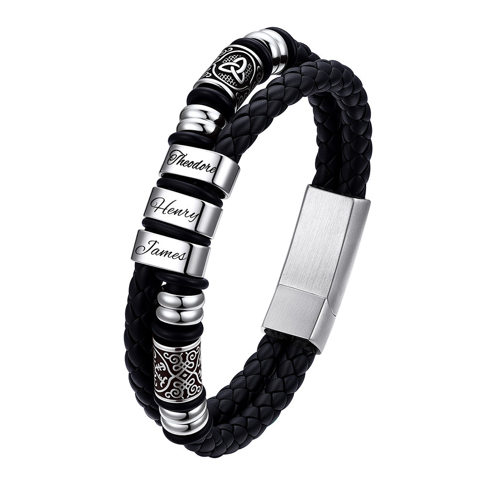 Viking Black Custom Name leather bracelet with silver cylindrical beads on a white background