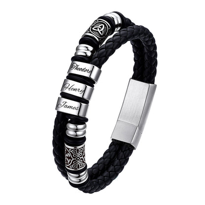 Viking Black Custom Name leather bracelet with silver cylindrical beads on a white background