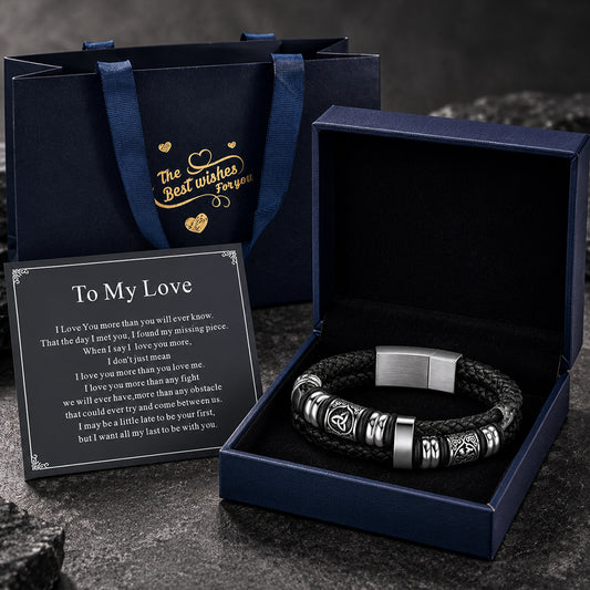 Viking Black Engraved Leather Braided Bracelet with Gift Box & Card Setimg
