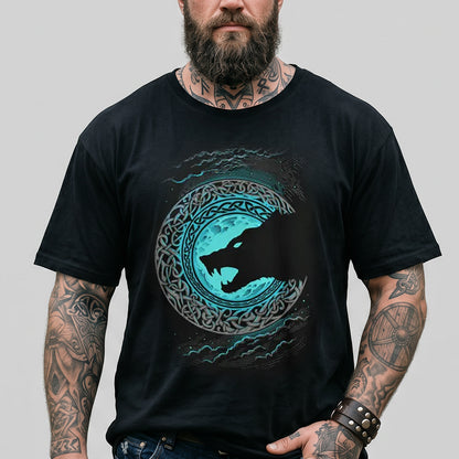Viking Celtic Knot Blue Moon Wolf Silhouette Heavyweight Cotton T-Shirt for Men