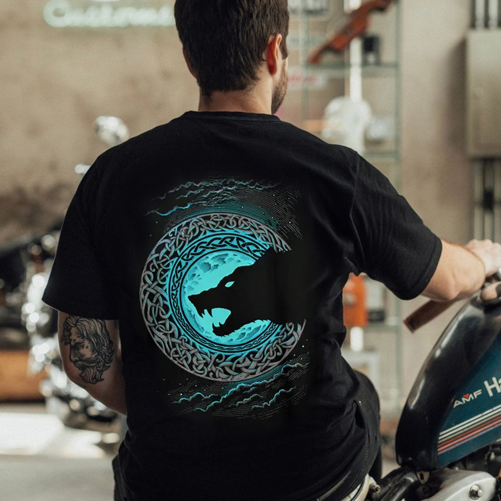 Viking Celtic Knot Blue Moon Wolf Silhouette Heavyweight Cotton T-Shirt for Men Motorcyclist