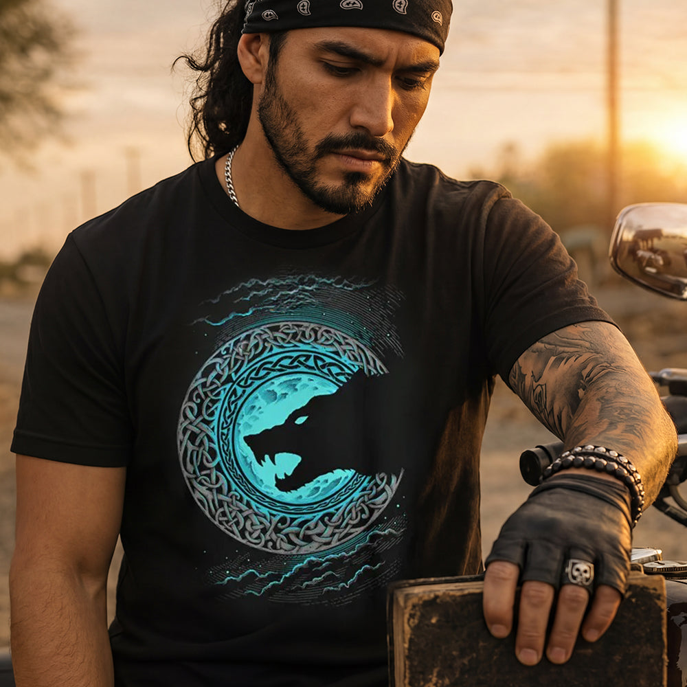 Viking Celtic Knot Blue Moon Wolf Silhouette Heavyweight Cotton T-Shirt for Men Motorcyclist Husband