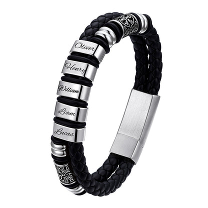 Viking Custom Name leather bracelet with silver name beads on a white background