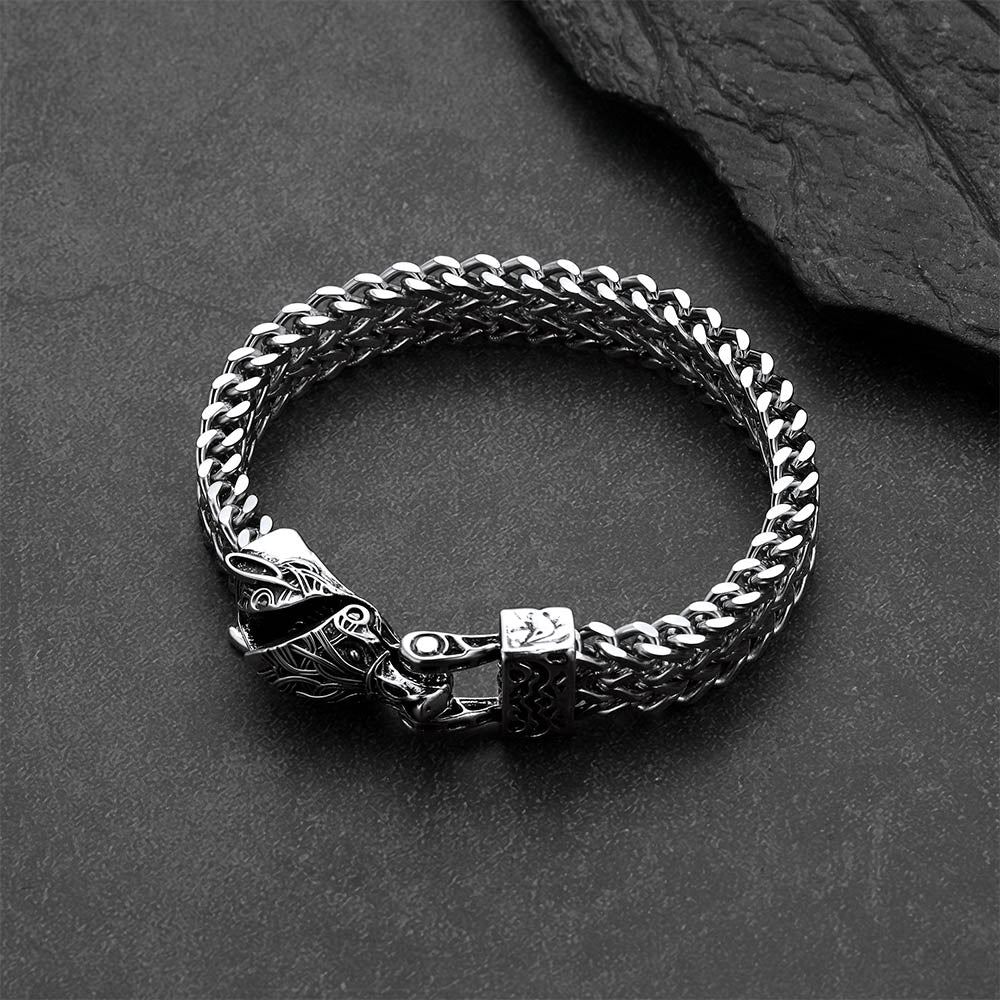 Viking Fenrir Wolf Head Double Foxtail Chain Bracelet for Men