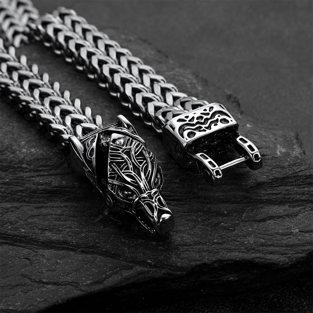 Viking Fenrir Wolf Head Double Foxtail Chain Bracelet for Men