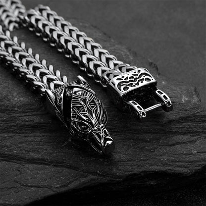 Viking Fenrir Wolf Head Double Foxtail Chain Bracelet for Men