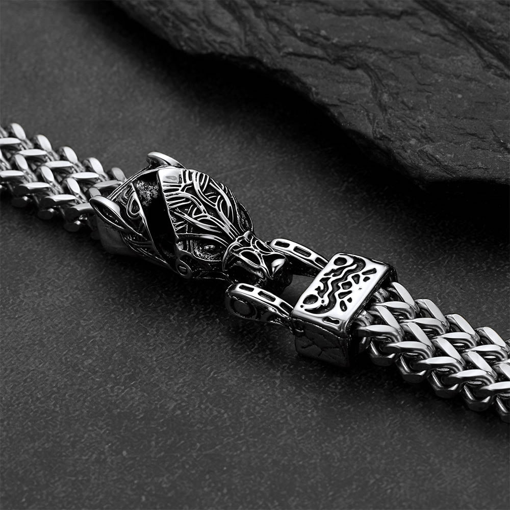 Viking Fenrir Wolf Head Double Foxtail Chain Bracelet for Men