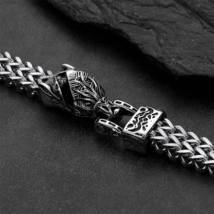 Viking Fenrir Wolf Head Double Foxtail Chain Bracelet for Men