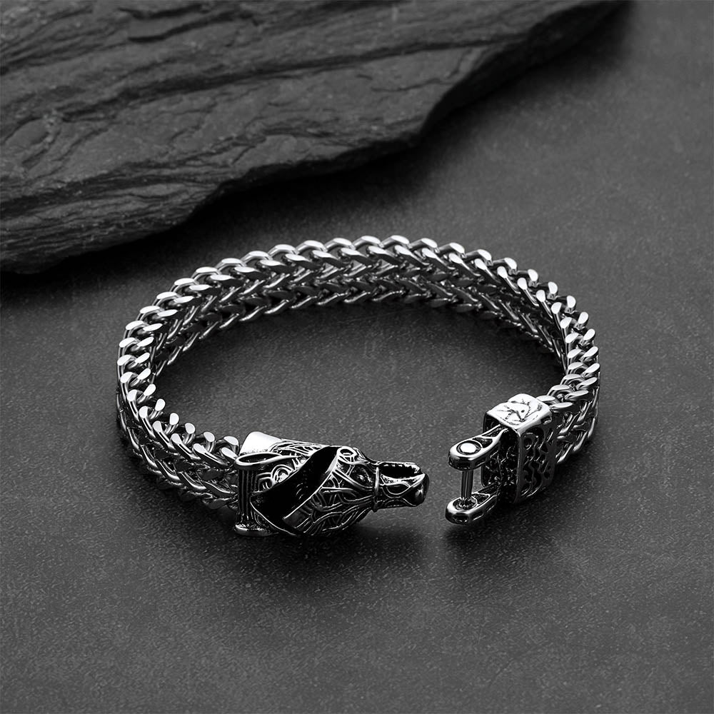 Viking Fenrir Wolf Head Double Foxtail Chain Bracelet for Men