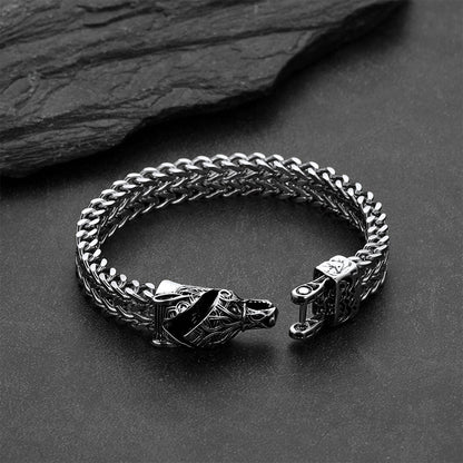 Viking Fenrir Wolf Head Double Foxtail Chain Bracelet for Men