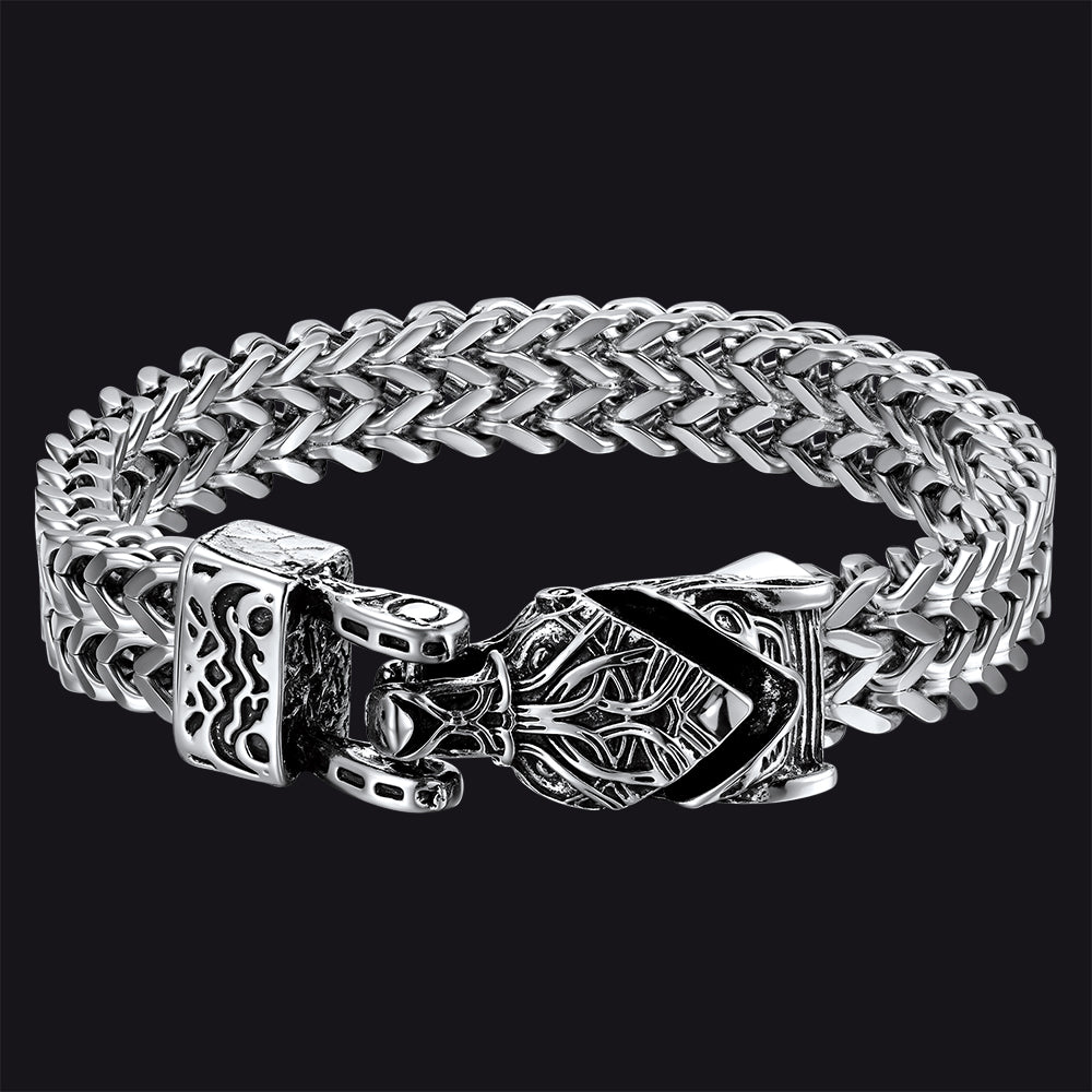 Viking Fenrir Wolf Head Double Foxtail Chain Bracelet for Men