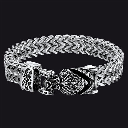 Viking Fenrir Wolf Head Double Foxtail Chain Bracelet for Men